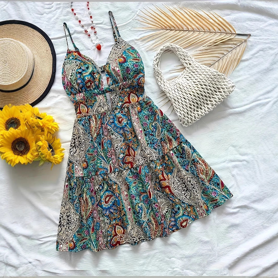 Damen Neckholder Sommerkleid mit floralem Muster und Rüschendetails EB