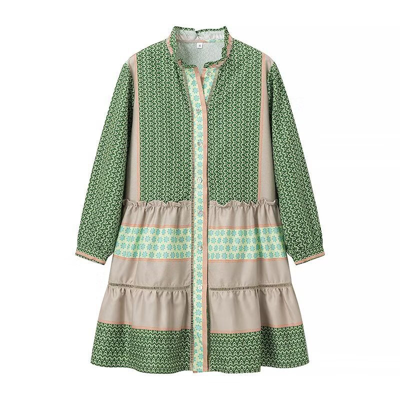 Damen Langarmhemdkleid mit elegantem Muster und Rüschensaum EB