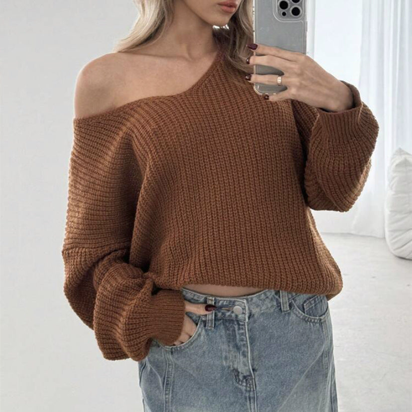Damen Cropped Oversize Strickpullover mit asymmetrischem Off-Shoulder und voluminösen Ärmeln EB