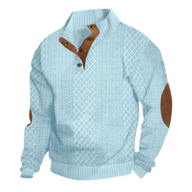 Herren nan grob gestrickter Strickpullover mit Schalkragen, Knopfleiste und Ellbogenpatches EB