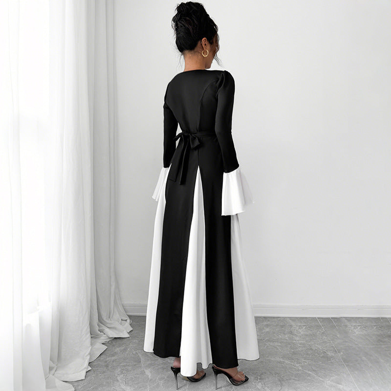 Damen Abendkleid mit tailliertem Corsagen-Oberteil, langen Ärmeln und kontrastierenden Volantmanschetten EB