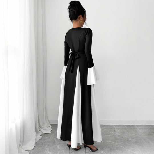 Damen Abendkleid mit tailliertem Corsagen-Oberteil, langen Ärmeln und kontrastierenden Volantmanschetten EB