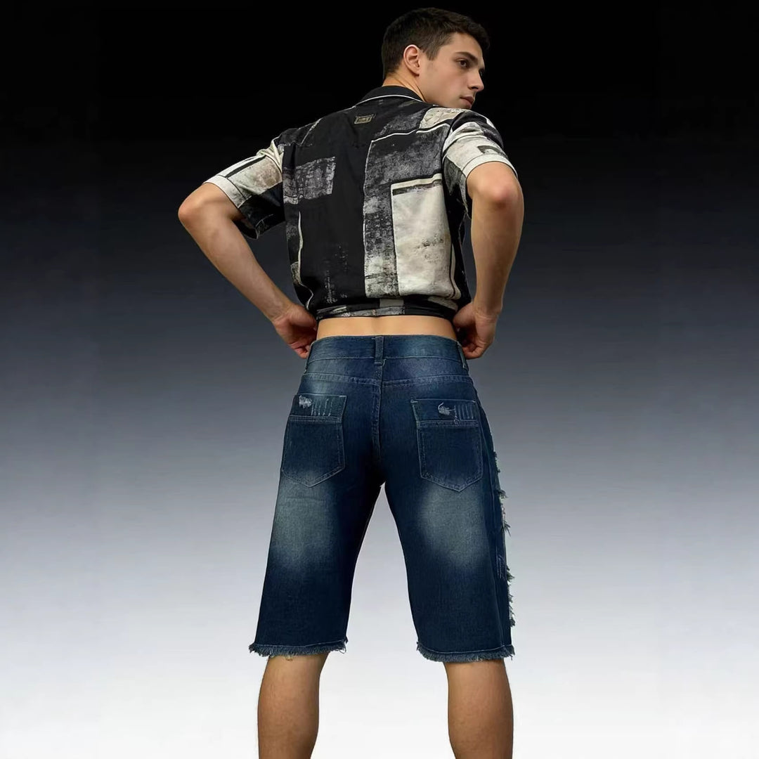 Herren lässige destroyed Jeansshorts mit fransigen Abschlüssen und weitem Bein EB