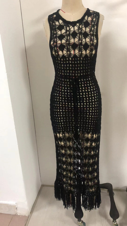 Damen gehäkeltes Maxikleid mit dezenter Lochmuster-Optik EB