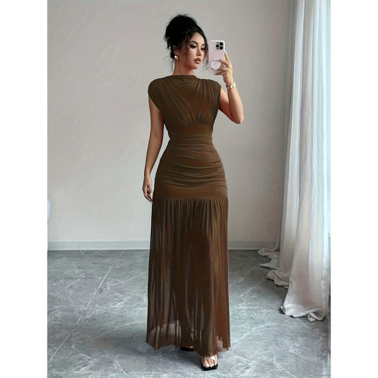 Damen Elegantes Maxikleid mit raffiniertem Drapée und transparentem Rock EB