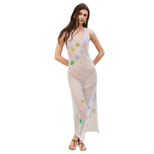 Damen transparenter Häkel-Strandüberwurf mit floralen Applikationen EB