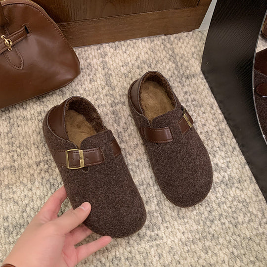 Damen gemütliche Filzpantoletten mit eleganter Schnallenverzierung EB