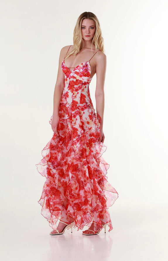 Damen Fließendes Chiffon Maxikleid mit Rüschendetails und floralen Akzenten EB