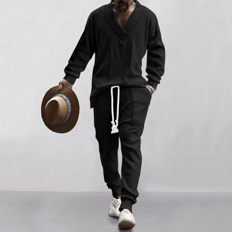 Herren lässiges Strick-Outfit mit V-Ausschnitt und elastischen Bündchen EB