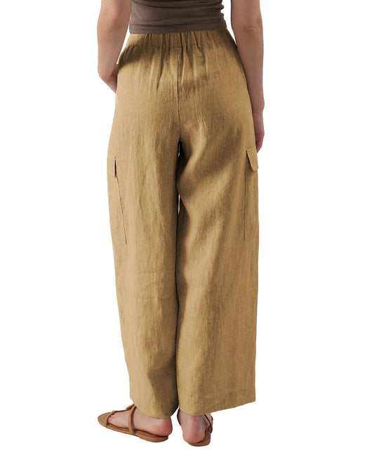 Damen lässige Leinen-Cargo-Hose mit hohen Taschen und elastischem Bund EB