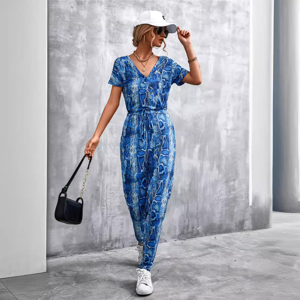 Damen elegante Jumpsuit im Snake-Print-Stil mit Taillengürtel und V-Ausschnitt EB