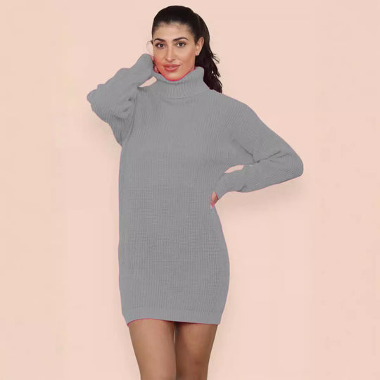 Damen Strickkleid mit hohem Kragen und strukturiertem Material EB
