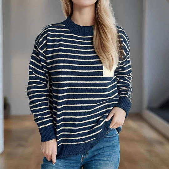 Damen lässiger Strickpullover mit breitem Streifenmuster und überschnittenen Schultern EB