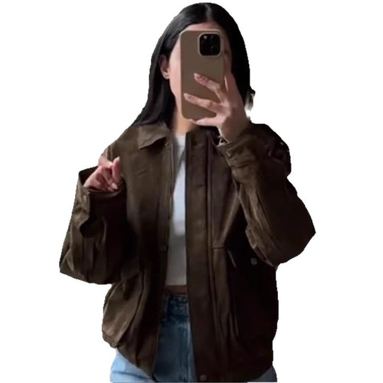 Damen Modische Kunstlederjacke mit lässigem Schnitt und praktischen Taschen EB