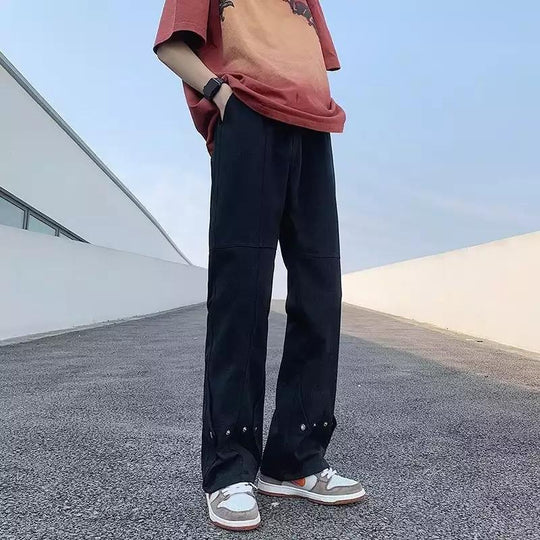 Herren lässige Double-Layer-Hose mit praktischen Druckknöpfen und weitem Bein EB
