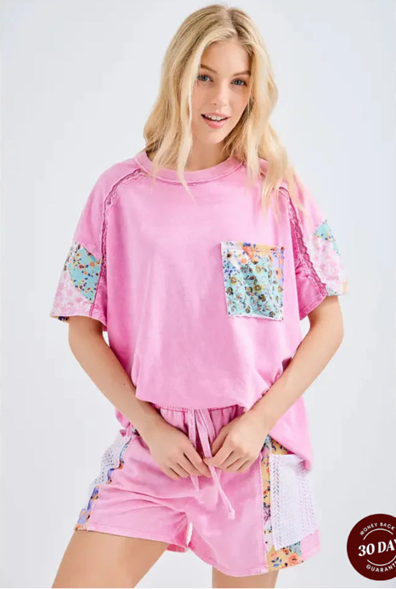 Damen nan lässiges Loungewear-Zweiteiler mit Oversize-Shirt, Kordelshorts, Patchwork-Tasche und Häkelbesatz EB