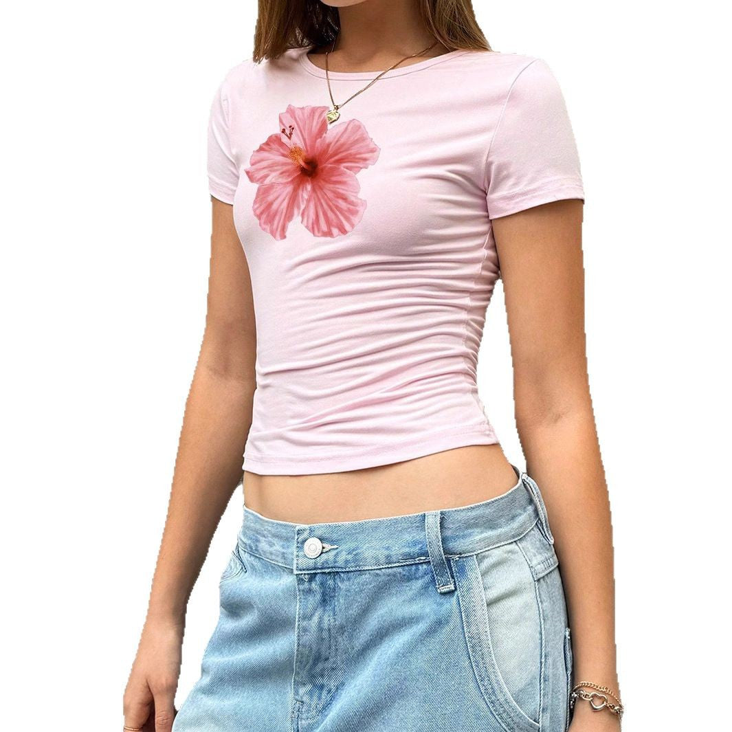 Damen Figurbetontes Kurzarmshirt mit lebhaftem Hibiskus-Motiv EB