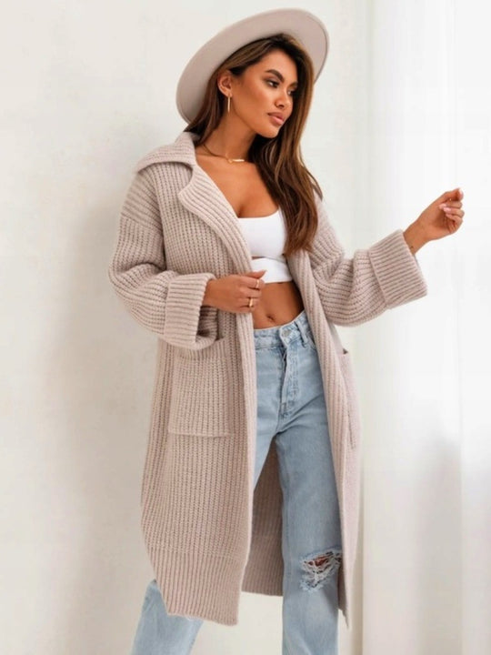 Damen Langer Strickmantel mit Kapuze und praktischen Taschen EB