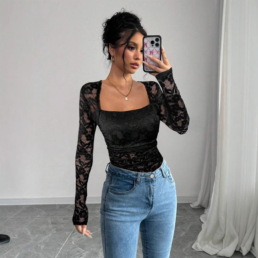 Damen Spitzen-Bodysuit mit quadratischem Ausschnitt und langen Ärmeln EB