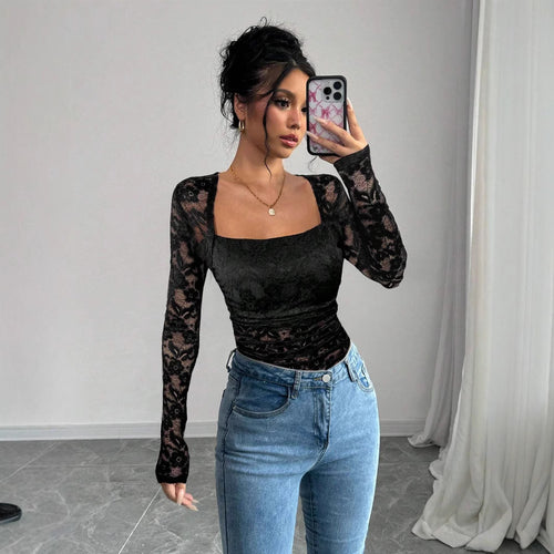 Damen Spitzen-Bodysuit mit quadratischem Ausschnitt und langen Ärmeln EB