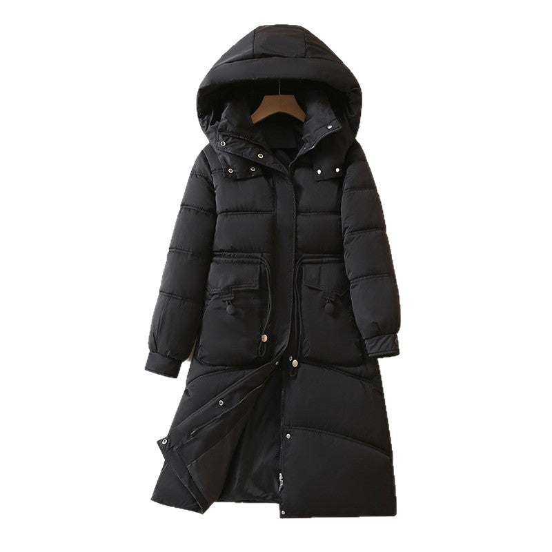 Damen Lange, warme Pufferjacke mit praktischen Taschen und Kapuze EB