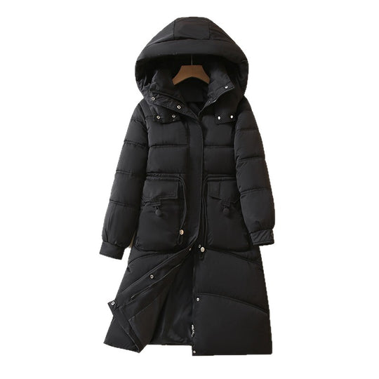 Damen Lange, warme Pufferjacke mit praktischen Taschen und Kapuze EB