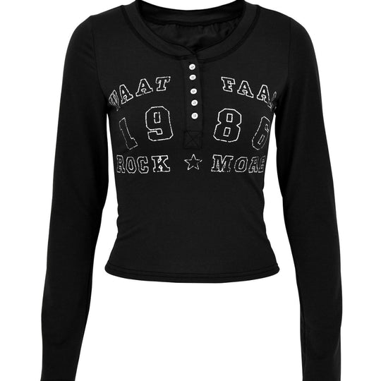 Damen Langarm T-Shirt mit modischem Druck und Knopfverschluss EB