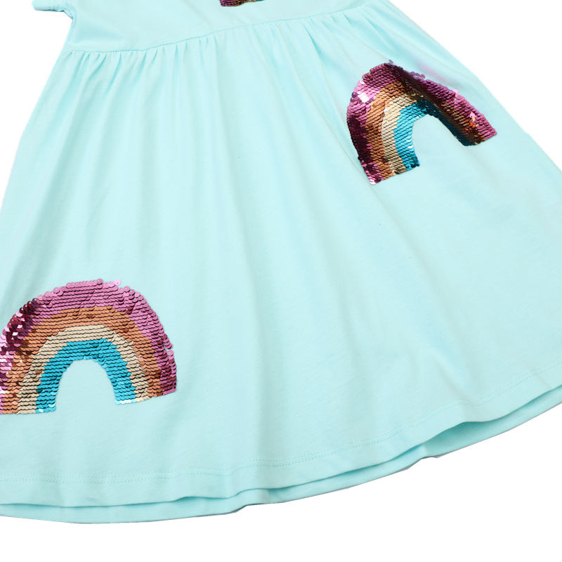 Mädchen Kurzarm-T-Shirt Kleid mit buntem Glitzer-Regenbogen Design EB