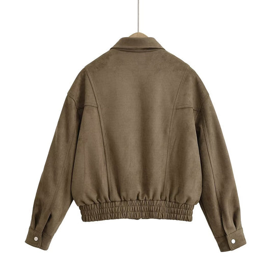 Damen modische Wildlederjacke mit tailliertem Schnitt und praktischen Taschen EB