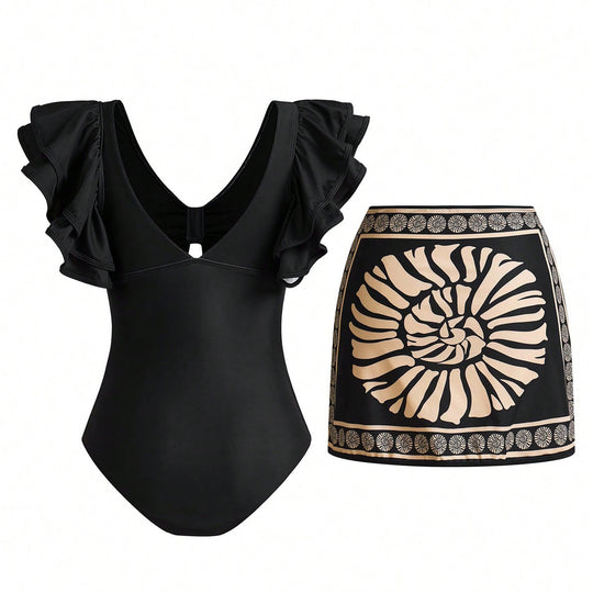 Damen Badeanzug mit eleganten Rüschendetails und passendem Saumrock EB