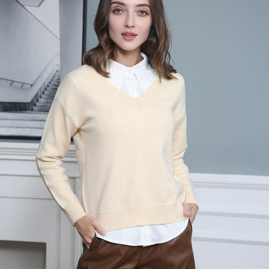 Damen eleganter V-Ausschnitt Pullover aus weichem Material mit überschnittenen Schultern EB