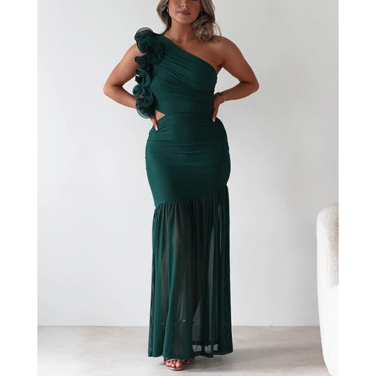Damen Maxikleid mit asymmetrischem Schnitt und romantischen Rüschendetails EB