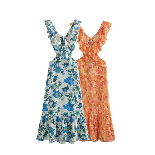 Damen Maxikleid mit weichem V-Ausschnitt und verspieltem Volant EB