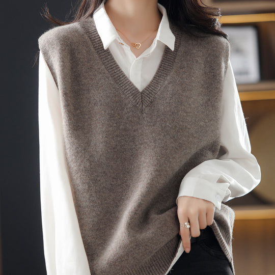 Damen Ärmellose Strickweste mit V-Ausschnitt und Feiner Textur EB