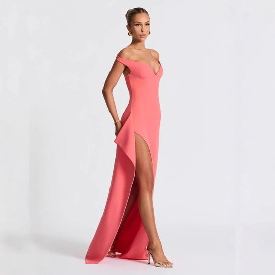 Damen Elegantes Maxikleid mit schulterfreiem Design und hohem Schlitz EB