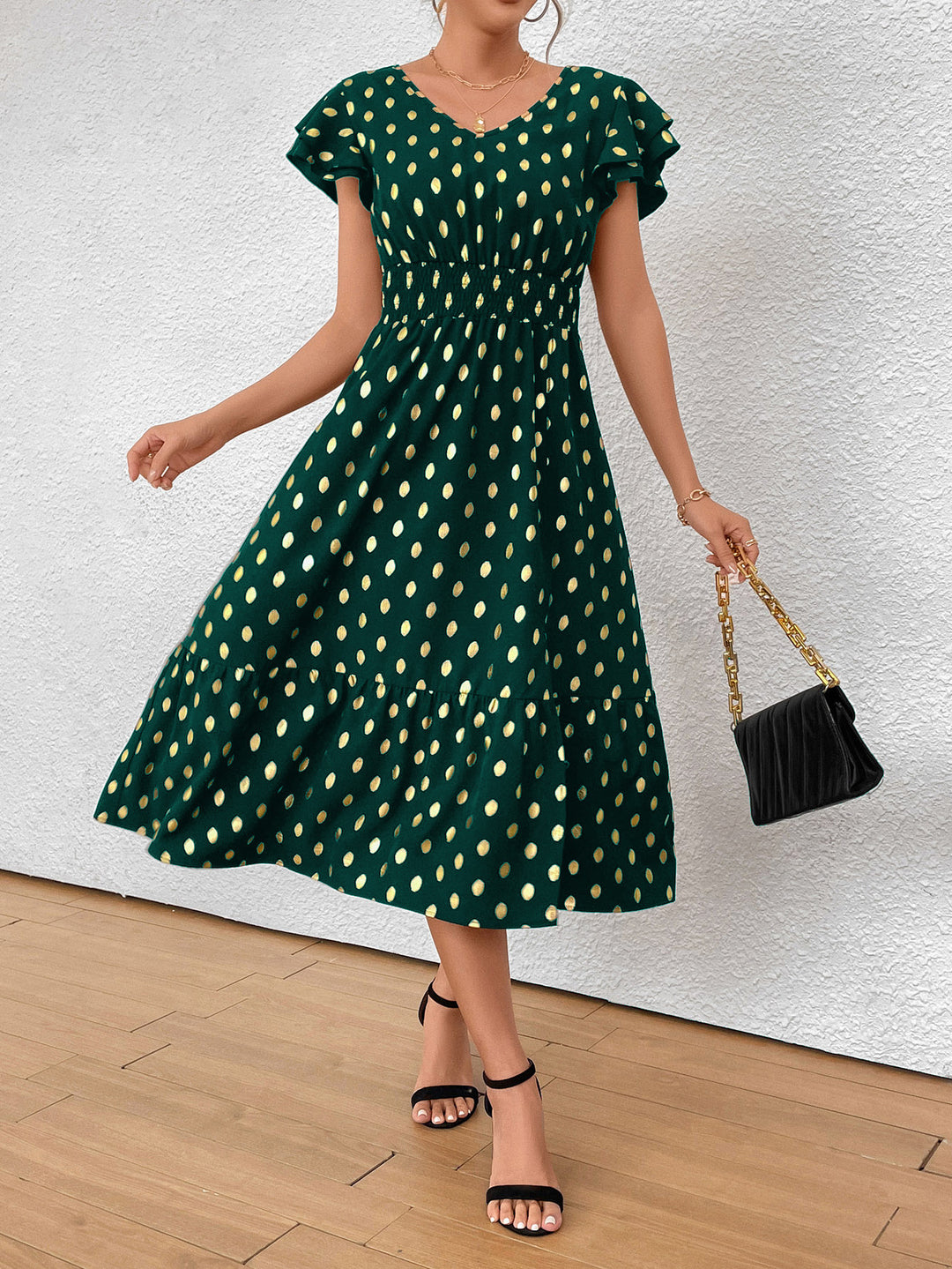 Damen Maxikleid mit Rüschendetails und schimmerndem Punktmuster EB
