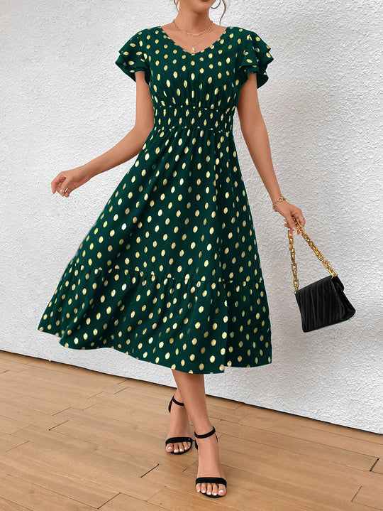 Damen Maxikleid mit Rüschendetails und schimmerndem Punktmuster EB