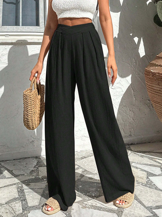 Damen weite Hochtaillenhose mit eleganten Falten EB