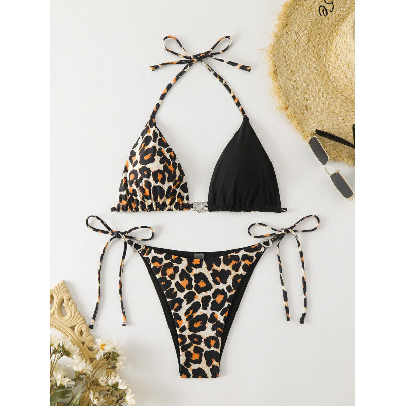 Damen Triangel-Bikini mit raffinierten Bindebändern und modischem Leopardenmuster EB