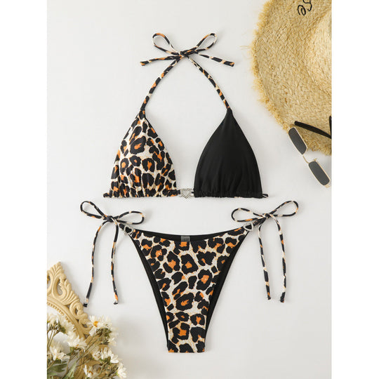 Damen Triangel-Bikini mit raffinierten Bindebändern und modischem Leopardenmuster EB