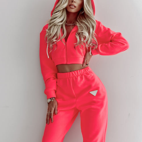 Damen nan Cropped Kapuzenjacke und High-Waist Jogginghose Set aus French Terry mit elastischem Bund EB
