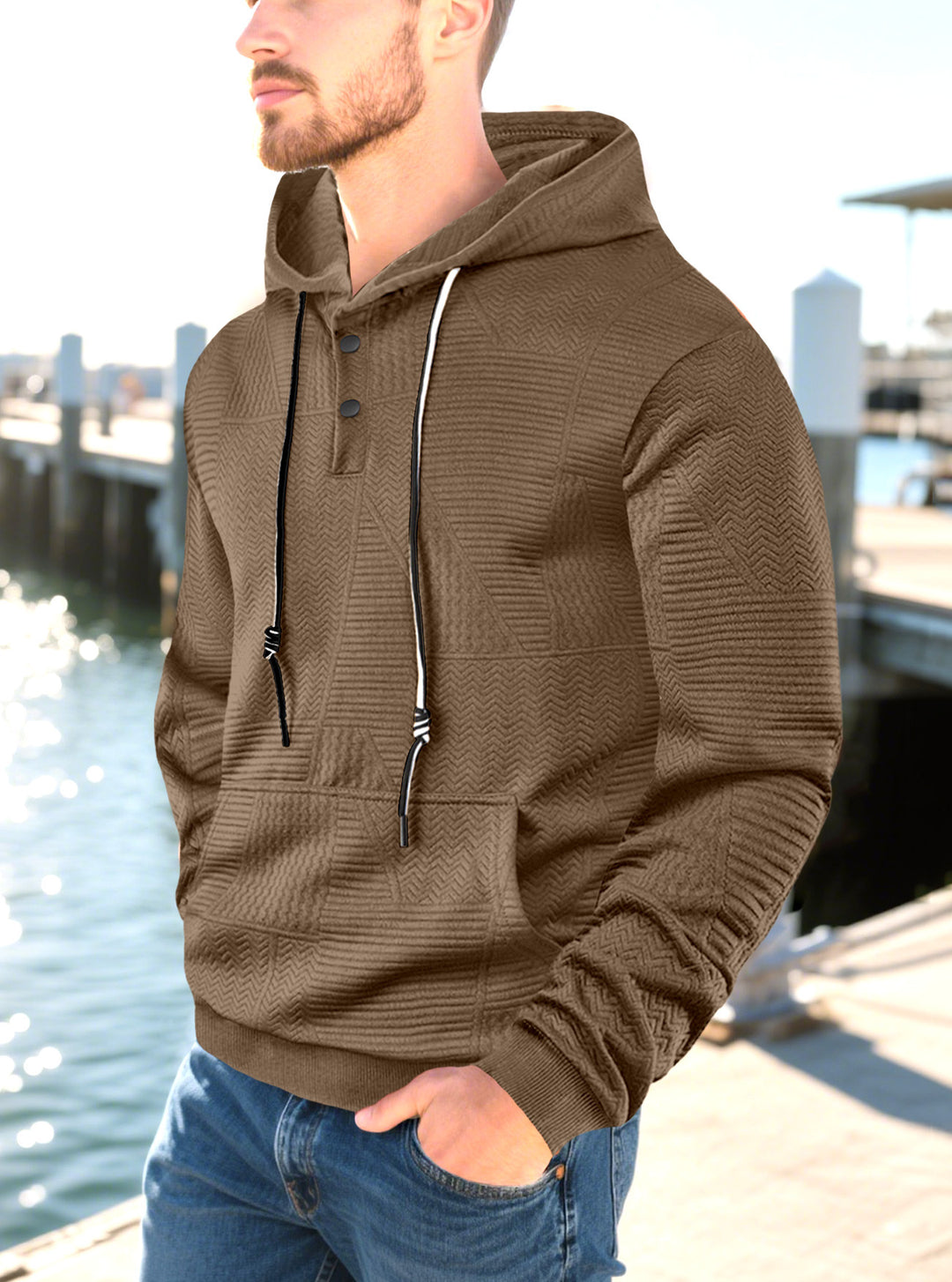 Herren nan geometrischer Struktur-Kapuzenpullover mit Henley-Blende und Kängurutasche EB