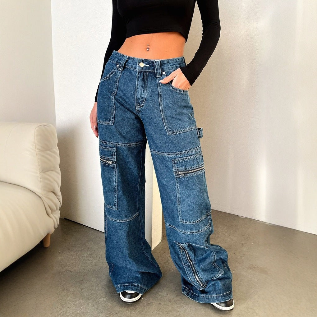 Damen nan weiten Cargo-Jeans mit mehreren Reißverschluss-Taschen und hoher Taille EB