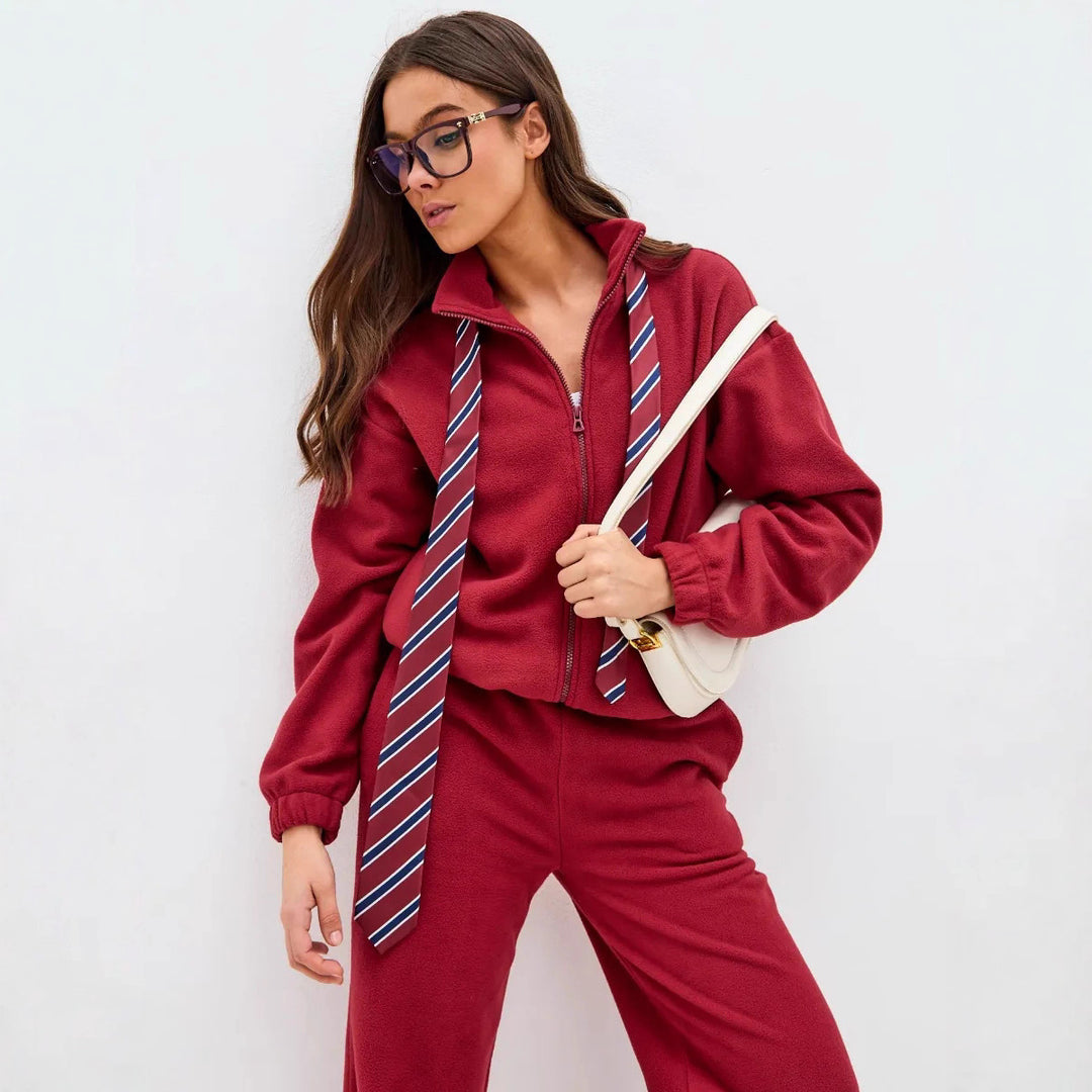 Damen Komfortables Fleece-Loungewear-Set mit kurzem Zip-Top und weiter High-Waist-Hose EB