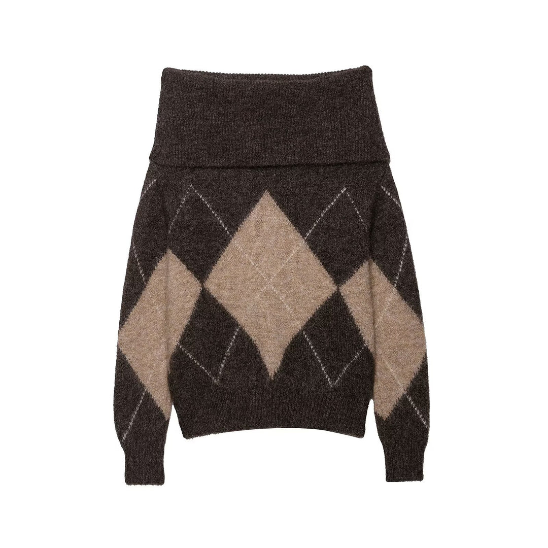 Damen lässiger Strickpullover mit modernem Rauten-Muster EB