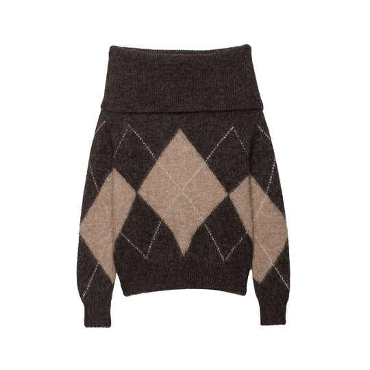 Damen lässiger Strickpullover mit modernem Rauten-Muster EB