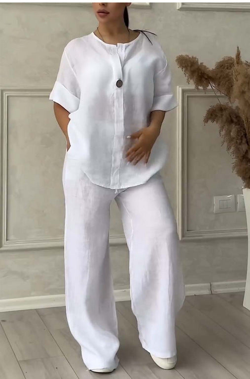 Damen nan lässiges Leinen-Relax-Set mit weiter Hose und Hemdbluse EB
