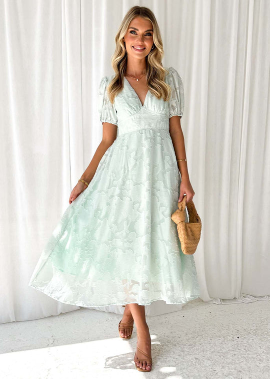 Damen Maxikleid mit floralen Akzenten und voluminösen Puffärmeln EB