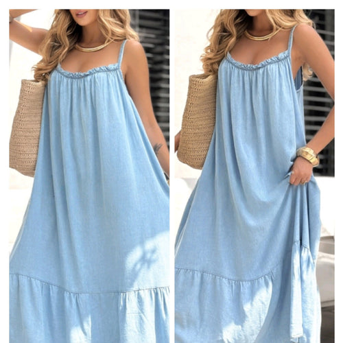 Damen Maxikleid aus leichtem Denim mit Rüschendetail EB