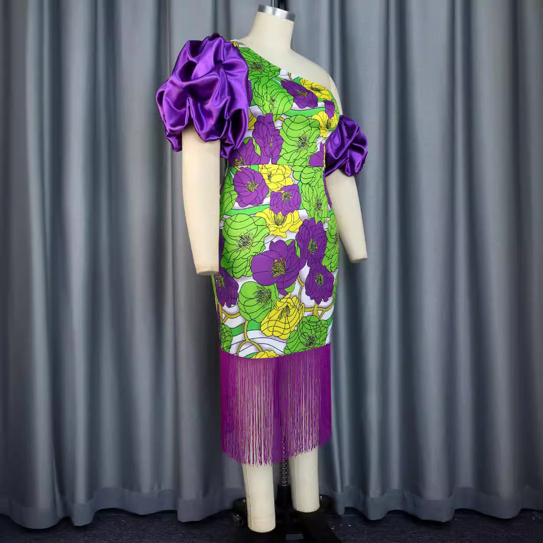 Damen Elegantes Schulterfreies Kleid mit voluminösen Puffärmeln und Fransen EB